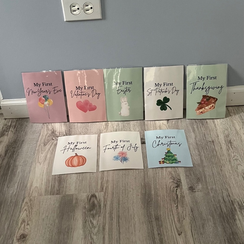 SALE! HANDMADE Baby’s First Holiday Milestone Cards 5 x 7– Laminated 8-Card Set